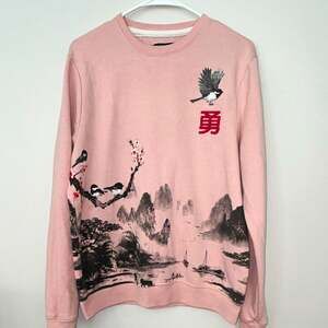 Blind Rooster Pink Cotton Fleece Graphic Bird Crew Neck Pullover Sweatshirt M